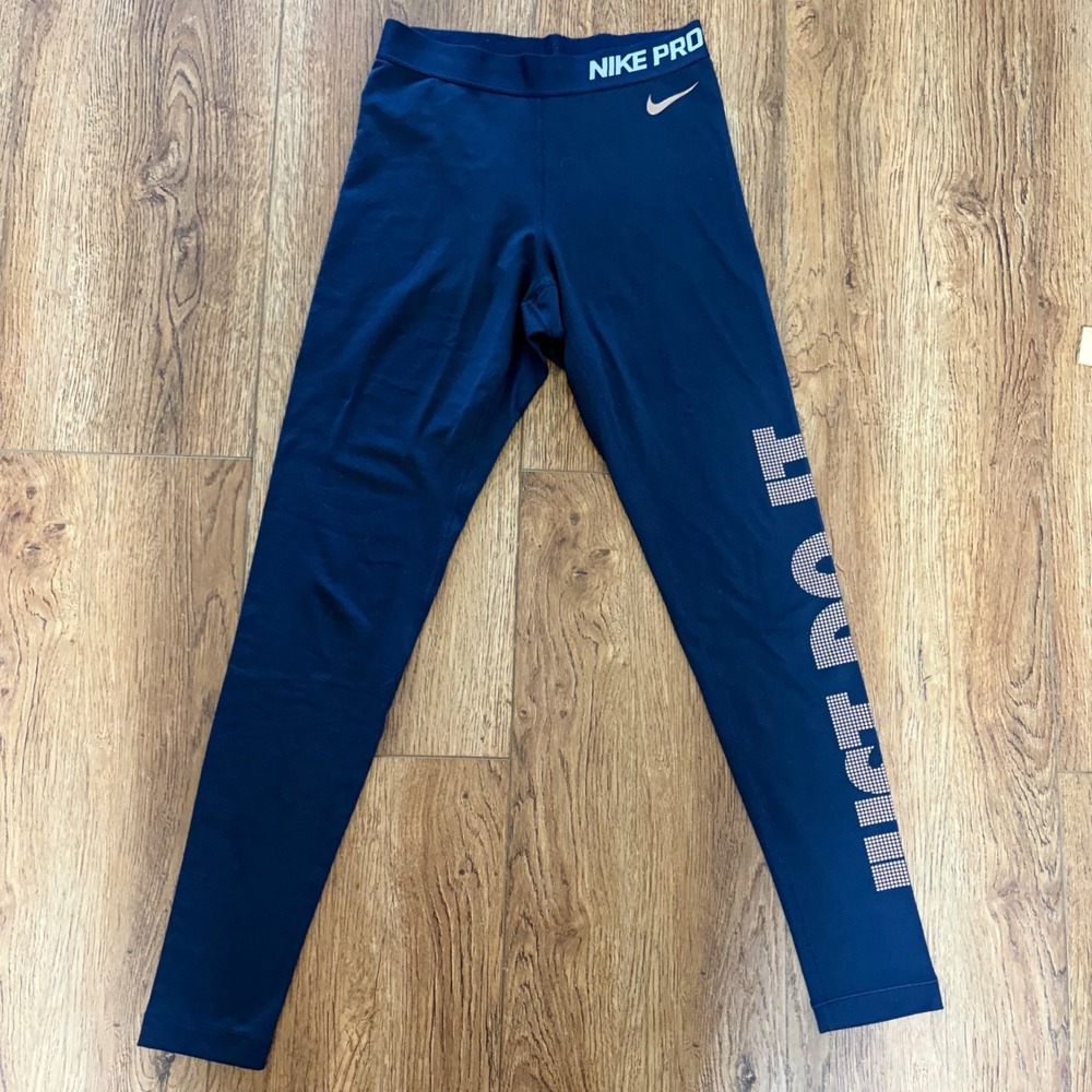 Nike Pro Dri-FIT Navy Blue Rose Gold Just Do It Spell Out Leggings Womens Small